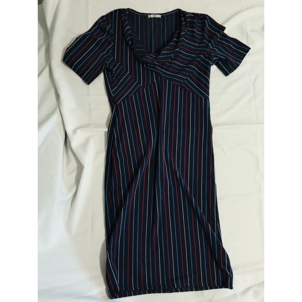 Zara Collection Womens Striped Dress Size Large Navy Red Blue Short Sleeve L
